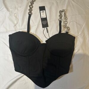 Black bustier corset top with rhinestone straps